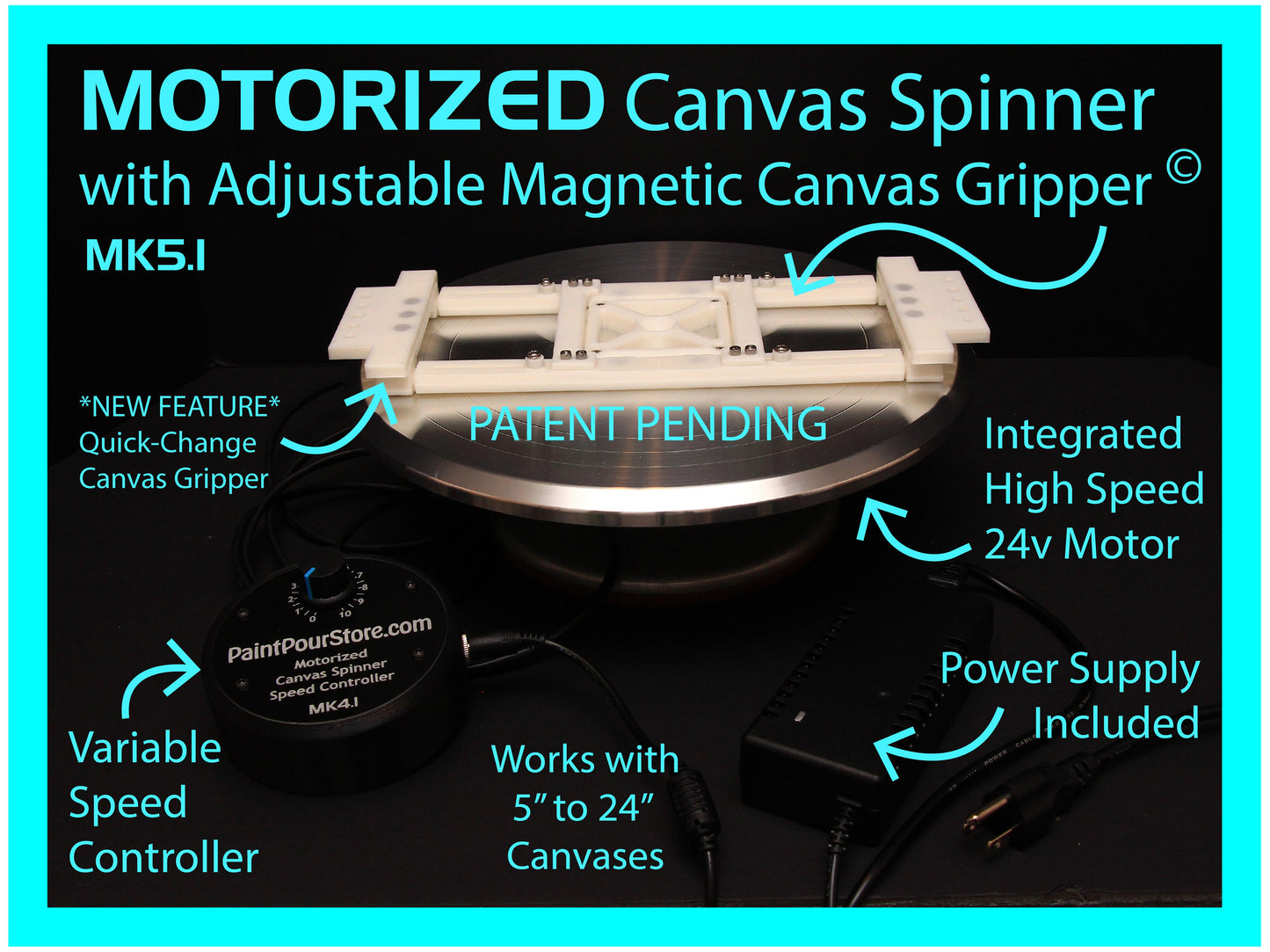 Motorized Canvas Spinner with Adjustable Magnetic Canvas Gripper Lazy Susan